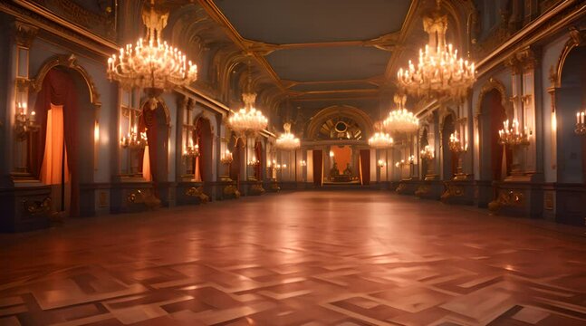 long shot palace hall. interior of a historic palace, luxury corridor with a large window and gold ornament