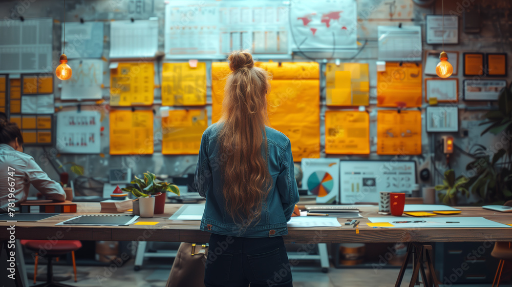 Poster a woman with long hair is sitting at a desk in front of a wall of papers. she is looking at the wall