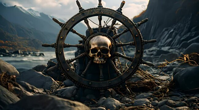 old ship metal steering wheel. skull steering wheel
