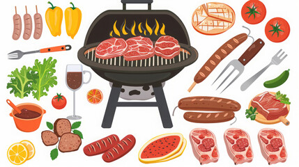 BBQ grill with different types of meat, sausages and vegetables for outdoor picnic or family party on white background. 