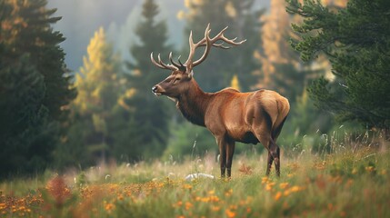 a deer standing on top of a lush green field next to a forest