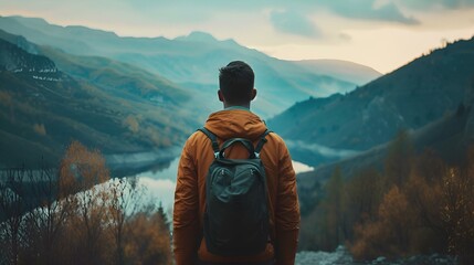a man is standing with a backpack looking out over a valley - obrazy, fototapety, plakaty
