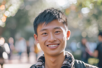 Portrait of a handsome Asian smiling man in the park