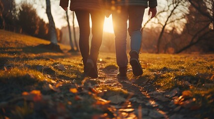 a couple walks along a path towards the sun at sunset - obrazy, fototapety, plakaty