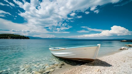a boat is moored on a beach by a sea