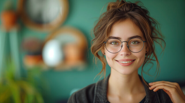 A woman with glasses is smiling and posing for a picture.