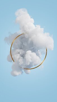Abstract minimalist geometric wallpaper. Flowing white smoke around the gold round frame isolated on blue background. Cycled 3d animation