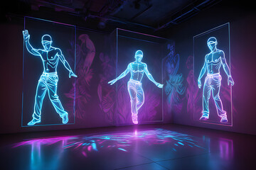 a rave club,  etherial hologram person  dancing, neon outline, laser, LED, mesmerizing, immersive, art installation,  lighting, transcendence. - obrazy, fototapety, plakaty