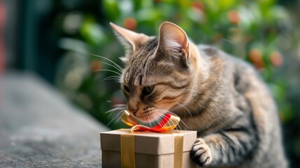 AI-generated illustration of a tabby cat with a gift box in the garden