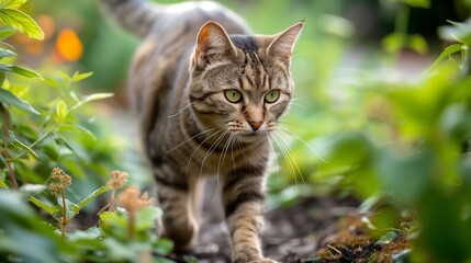 Naklejka na ściany i meble AI-generated illustration of a tabby cat walking among green plants in the garden
