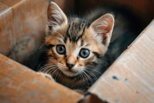 Adorable Kitten in a Brown Cardboard Box. Cute Animal Photography on Beautiful Background 
