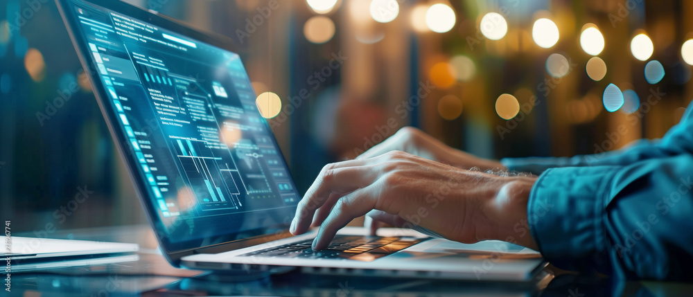 Poster A person is typing on a laptop computer. Concept of productivity and focus, as the person is likely working on a project or task. The laptop screen displays a large amount of text