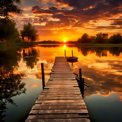 Serene sunset over a tranquil lake. - obrazy, fototapety, plakaty
