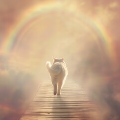 AI-generated illustration of a cat walking towards an ethereal rainbow bridge