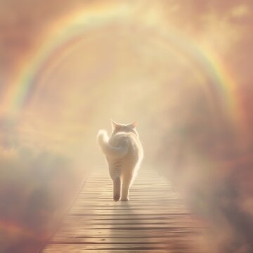AI-generated illustration of a cat walking towards an ethereal rainbow bridge