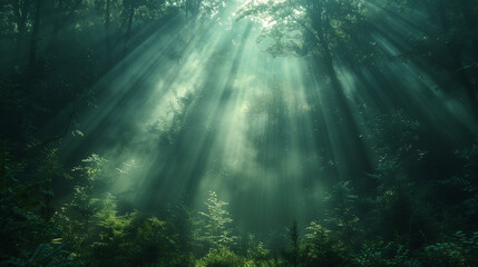 Sun beams through the misty forest, early morning rays with a green glow.