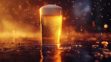 frosty cold beer with bubbles on a wet surface photo