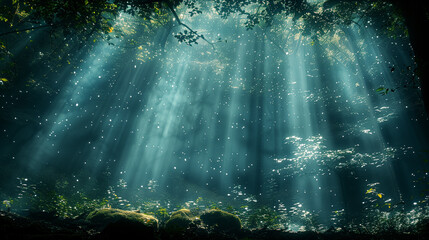 Sun rays through the forest, blue and misty morning.