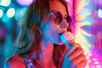 Portrait of a woman with sunglasses eating ice cream at night by the neon lights