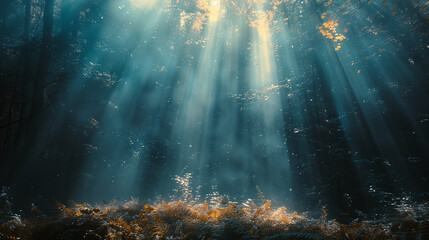 Sun rays through the forest, blue and misty morning.