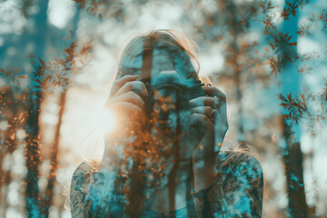 Double exposure of a woman with a photo camera taking photos in the forest with sunlight