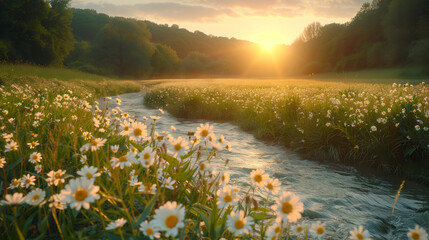 Early morning in the meadow with a bright sunrise.