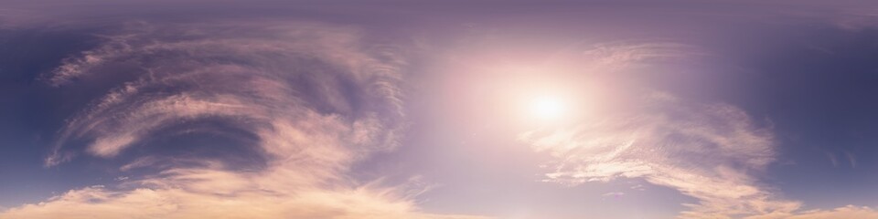 Blue summer sky panorama with pink Cirrus clouds. Seamless hdr spherical 360 panorama. Zenith or...