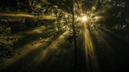 Sun beams through the misty forest, early morning rays with a golden glow.