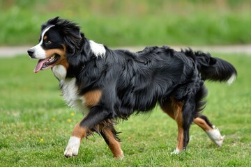 Bernese Mountain Dog - Side View of Alert, Cheerful and Beautiful Animal Walking Outdoors in Closeup Shot - obrazy, fototapety, plakaty