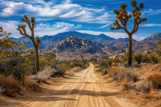 Beautiful Joshua Tree Landscape of Pioneertown Mountains Preserve in Rimrock. Dry Desert with Blue Sky and Colourful Joshua Trees