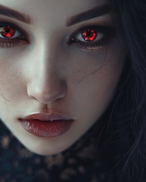 Beautiful Vampire Portrait - Closeup of Young Woman with Red Eyes and Pretty Face