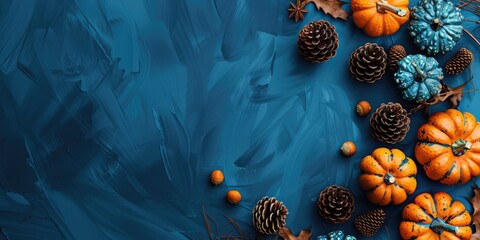 Blue Thanksgiving Top View Background with Pumpkins, Pinecones and Text for Festive Card or Banner. Perfect for Fall & Autumn Holiday Greetings