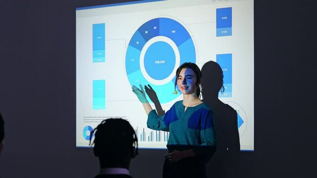 Caucasian woman giving a presentation using a projector