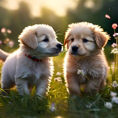two puppies in a field of flowers with the sun behind them. golden retriever puppies