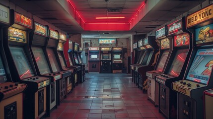 an arcade machine room with vintage slot machines on the wall - obrazy, fototapety, plakaty