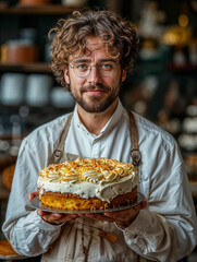 A pastry chef with a happy and serene expression shows a cake with cream on a tray