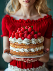 Close-up of a woman holding a cake make with sponge cake, cream and berries on a tray, her face cannot be seen