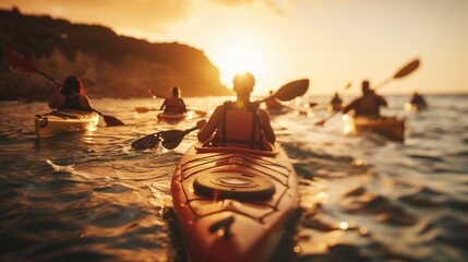 people paddling kayaks on the ocean at sunset time - obrazy, fototapety, plakaty