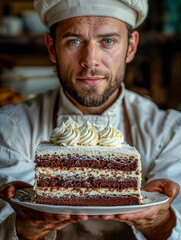 A pastry chef with a happy and serene expression shows a cake with cream on a tray