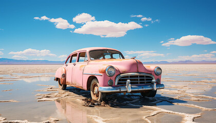 Fototapeta na wymiar an old car sitting in the middle of a desert road