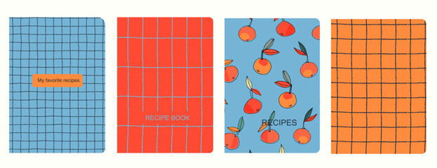 Cover page vector templates for recipe books based on seamless patterns with hand drawn apples, pears, plums. Cookery books cover layout. Healthy fruit, vegan food concept