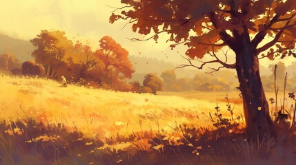 AI generated illustration of an autumn landscape painting with hills and trees