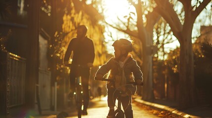 AI generated illustration of a boy cycling on a street - obrazy, fototapety, plakaty