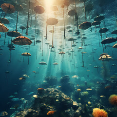 Surreal underwater scene with floating umbrellas. 