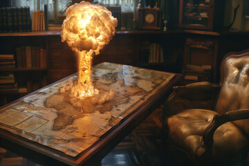 Nuclear explosions on the map table show the dangers to the world.