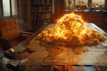 Nuclear explosions on the map table show the dangers to the world. - obrazy, fototapety, plakaty