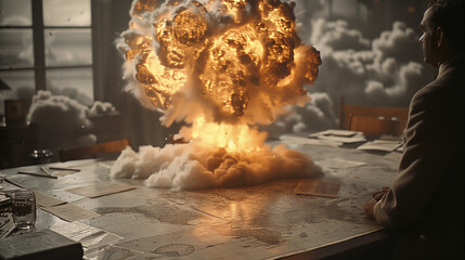 Nuclear explosions on the map table show the dangers to the world.