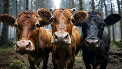 AI generated illustration of a group of three cows looking at the camera on a rainy day
