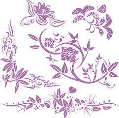 Fototapeta na wymiar Set of exquisite ornamental floral designs with flowers, butterflies, orchids, lilies and decorative swirls. Spring and summer theme. Extremely clean vector lines, vinyl and laser ready.