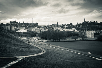 View on the city of Edinburgh from Arhur's seat, sleeping volcano, Scotland in black and white